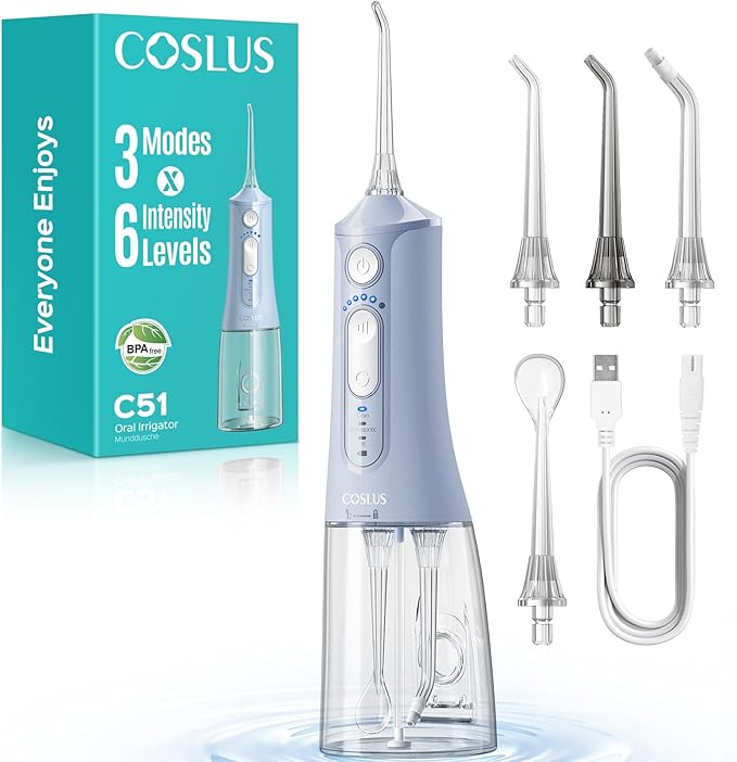 COSLUS Portable Water Flosser for Teeth: 3 Modes & 6 Pressure Settings with Jet Mode Water Dental Pick for Orthodontic, Braces, Sensitive Gums, Compact for Travel, 300ML for Multiple Users, Blue C51