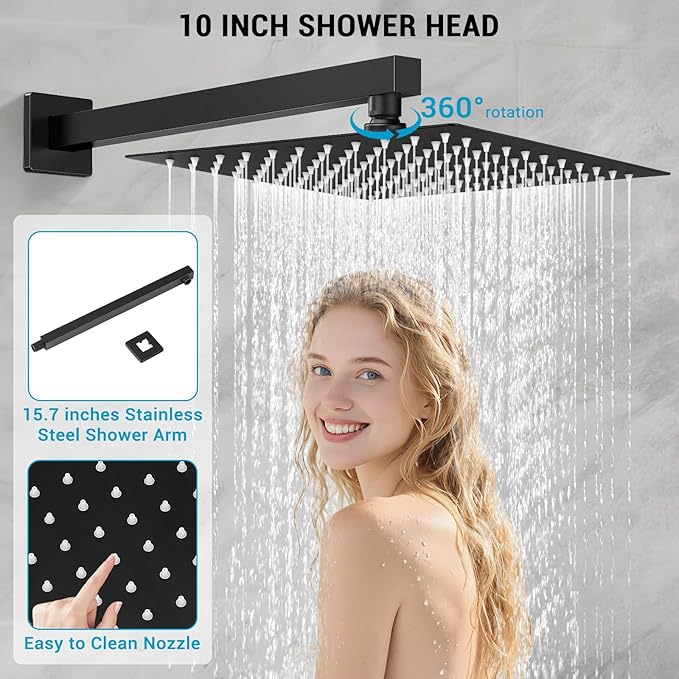 IUERASD Rain Shower Faucet Set Wall Mounted Rainfall with Tub Spout Shower Head System Rough-in Valve Body and Trim Included Black (10 Inches)