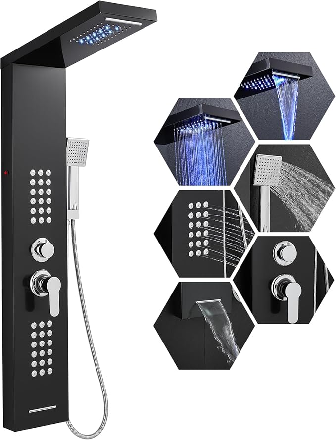 KINKIB LED Shower Panel Tower System Black with Rainfall Waterfall Shower Head, 5-in-1 Shower Tower with Powerful Body Jets, Handheld Shower and Tub Spout, High Pressure Shower Column Stainless Steel