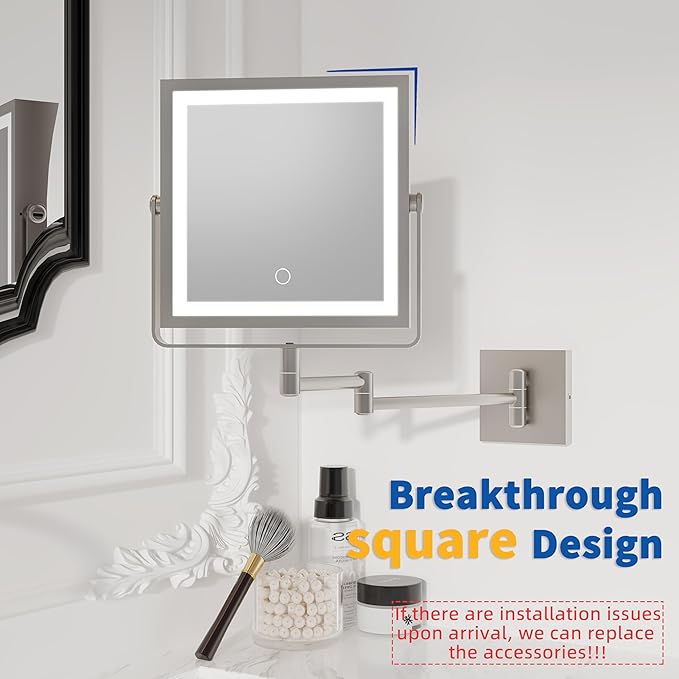 Ruacq Rechargeable Wall Mounted Makeup Mirror with Lights, Double Sided 1X/7X Magnifying Vanity Mirror with 3 Color Lights, Touch Screen Dimmable, 360° Rotation Extension Foldable (Brushed Nickel)