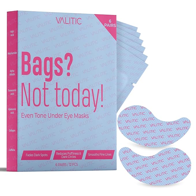 VALITIC Kojic Acid Under Eye Masks - Brightening Under Eye Patches Travel Essentials for Women and Men - Fades Dark Circles and Reduces Puffy Eyes - with Niacinamide, Collagen and Caffeine - 6 Pack