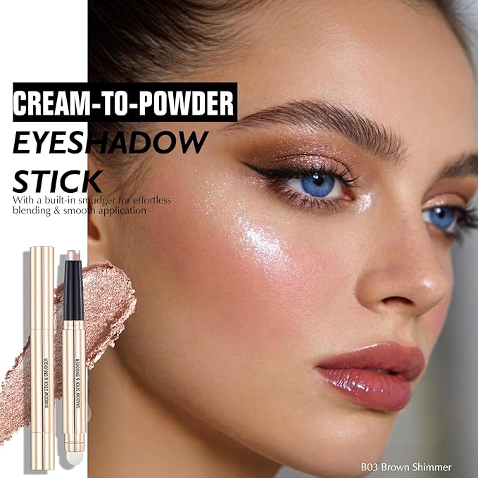 Brown Shimmer Eyeshadow Stick - Dual-Ended Long-Lasting Cream Eye Shadow for Older Women Crease-Proof Metallic Eyeshadow Pencil, Multi-Use Eye Crayon Highlighter Makeup with Built-in Smudger