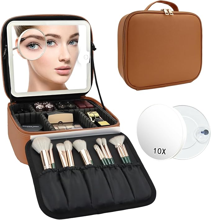 SLUMAZI Travel Makeup Bag with LED Mirror and 10x magnifying glass with 3 Lighted Settings, Adjustable Dividers and Makeup Brush Storage Bag Caramel