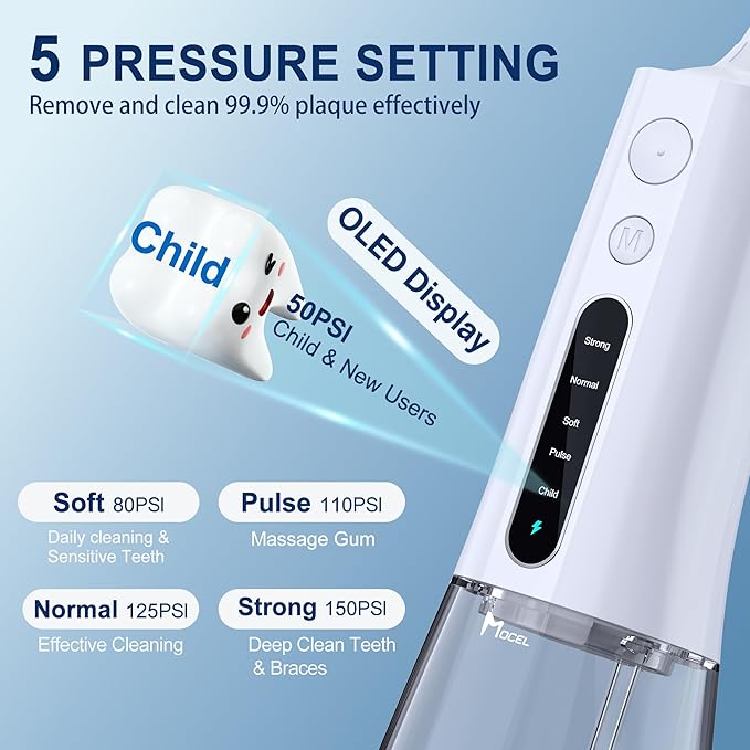 MOCEL Water Dental Flosser OLED Display Cordless Teeth Cleaning MOCEL 5 Modes Oral Irrigator 300ML Portable and USB C Rechargeable IPX7 Waterproof Floss Teeth Pick (White)