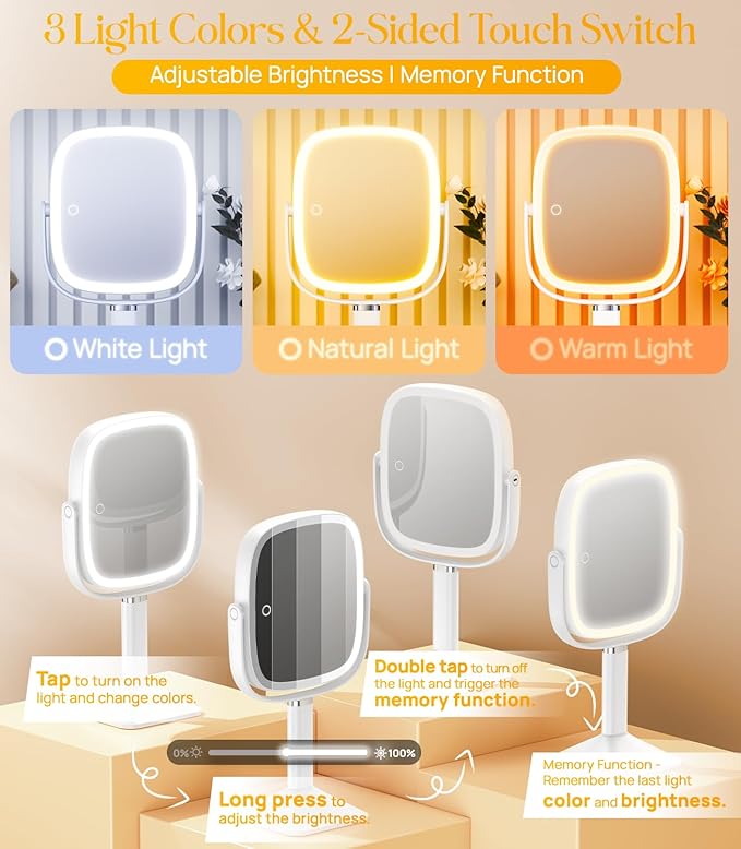 Gospire Rectangle Lighted Makeup Mirror with Magnification, 10X Magnifying Mirror with Lights 3 Color, Height Adjustable and 4000mAh Battery for Bedroom Bathroom, Large Surface for Women or Men- White