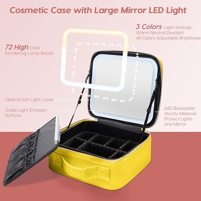 Gdsshuhung Makeup Bag with Mirror | Partitionable Professional Makeup Organizer | Large Travel Makeup Bag for Women | Cosmetic Case for Daily & On-the-Go Use (Light Yellow)