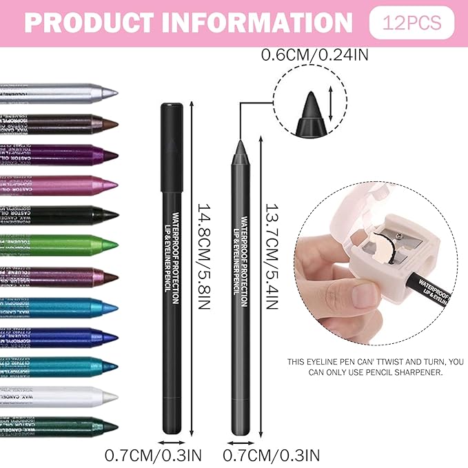 Colored Eyeliner, 12pcs Waterproof Gel Eyeliner Pencil Set with Metallic & Shimmer Finishes, Smudge-Proof & Long-Lasting Eye Liners