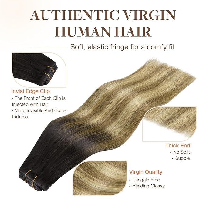 GOO GOO Invisi Edge Clip in Hair Extensions 24inch 150g 7Pcs Injected Seamless PU Clip in Hair Extensions, Virgin Real Human Hair, 2/6/18 Balayage Brown to Dirty Blonde
