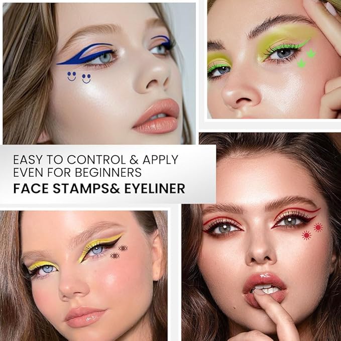 evpct 7Pcs Colored Eye Liners Face Stamp Cosplay Gothic Makeup Set Kit Accessories, Black Brown Purple Blue Red Pink Green Stamps Eyeliner, Star Flowers Heart Moon Triangle Lightning Butterfly Stamp