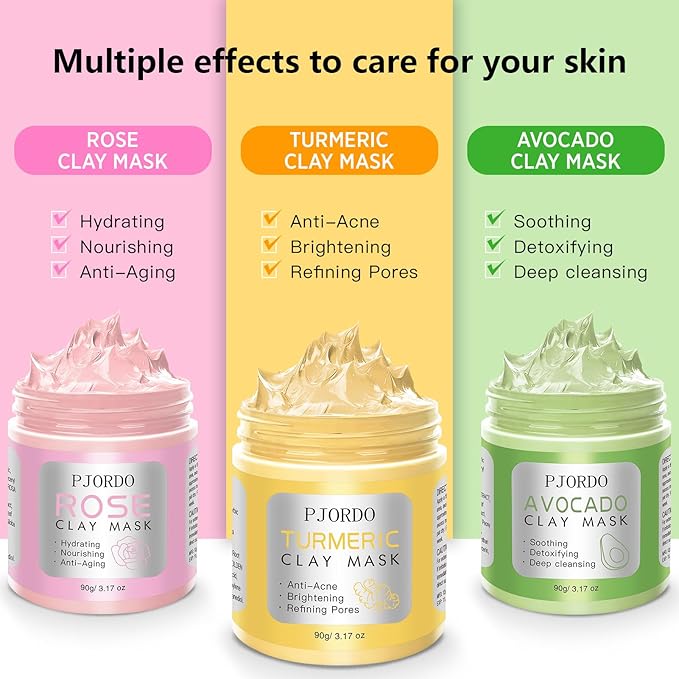 Pjordo 3 Pack clay mask, Turmeric Vitamin C, Avocado, Rose clay mask for face, Face Mask Skin Care for Deep Cleaning Reduce Blackheads Dark Spots, Valentines Day Gifts Set for Women, 3.17 Oz Each