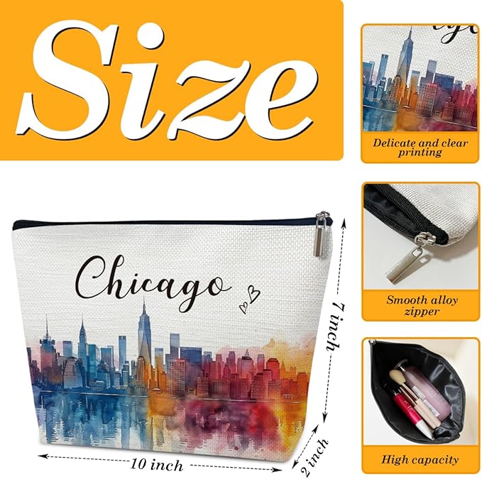 Ythuil Chicago Travel Gift Makeup Bag, Chicago Souvenir, Watercolor Cosmetic Bag for Purse, Trip Gifts for Traveller, Travelling Lovers, City Themed Organizer