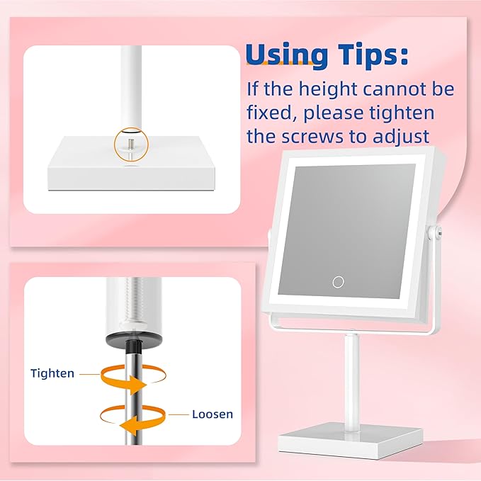 Ruacq Rechargeable Makeup Mirror, 4000mAh Lighted Makeup Mirror with Magnification 1X/10X, Height Adjustable Vanity Mirror with Lights, 3 Color Lights, Adjustable Brightness, 360°Rotation (White)
