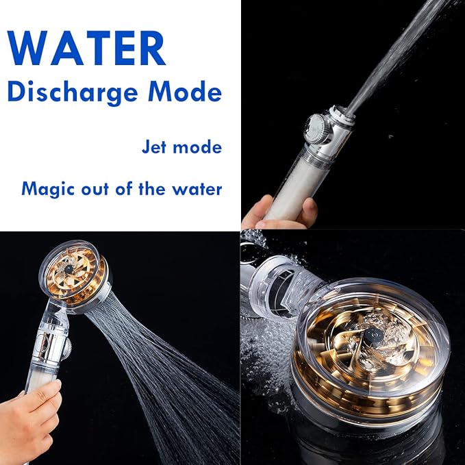 ANTOWER High Pressure Handheld Showerhead with filters Vortex shower head hydro jet shower head Turbo ShowerHead Propeller 360 Degrees Rotating Easy Install (I-Gold)