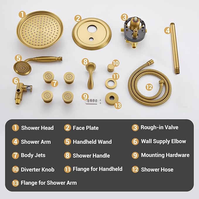 DASAN Antique Shower Faucet Sets Complete Rain Shower System in Wall with Body Shower Spray Jets, Brushed Gold Shower Fixtures with Rainfall Overhead Shower, Handheld, Shower Valve &Trim, AT249C-BTG