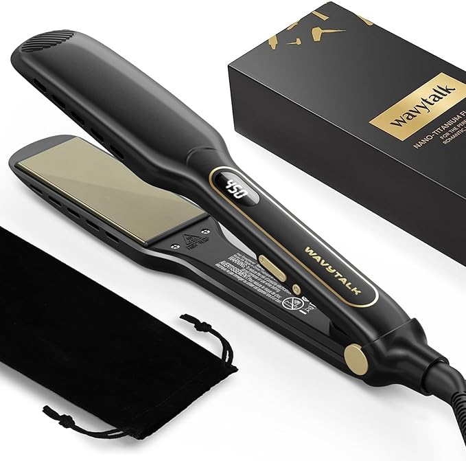 Wavytalk Wet to Straight Hair Straightener, Titanium 1.75 Inch Vent Sesh Wide Flat Iron, Straightener for Damp or Dry Hair with Dual Voltage Leave Silky & Smooth, Black