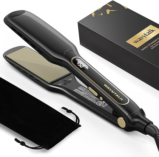 Wavytalk Wet to Straight Hair Straightener, Titanium 1.75 Inch Vent Sesh Wide Flat Iron, Straightener for Damp or Dry Hair with Dual Voltage Leave Silky & Smooth, Black