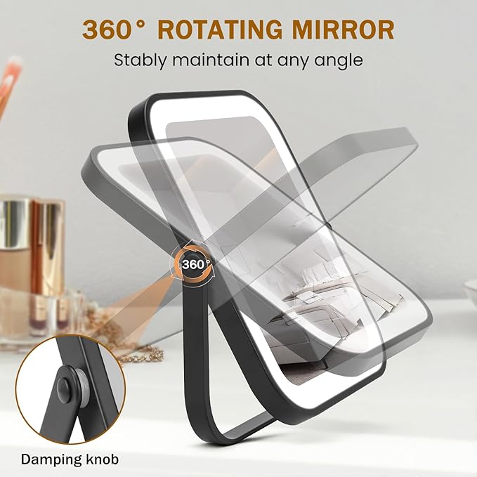 Vanity Mirror with Lights, 10"×8" Makeup Mirror with lights Built-in 1500mAH Battery, HD Mirror, Smart Touch with 3-Color Lighting, Dimmable, Desk Mirror, Women Gift, Travel Essentials (Black)