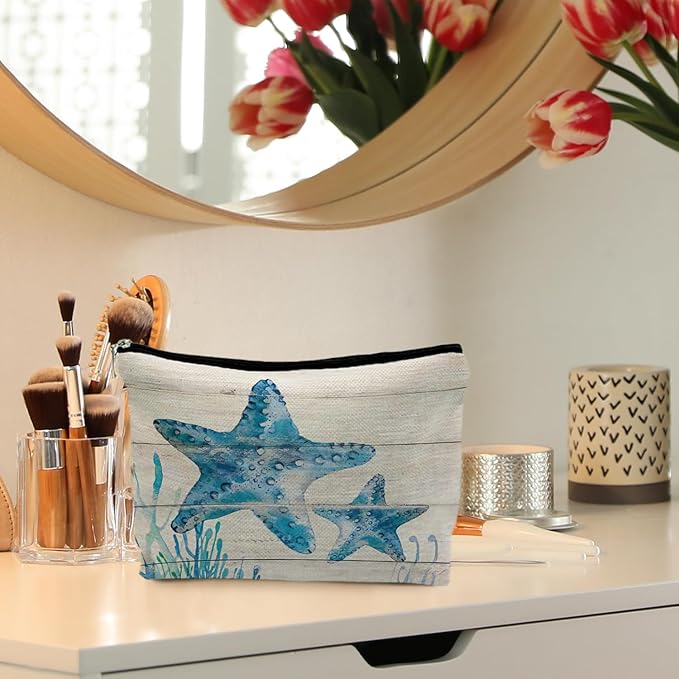 RYYCDOI Ocean Starfish Beach Makeup Bag, Marine Life Sea Animals Cosmetic Bags for Women, Ocean Themed Gifts