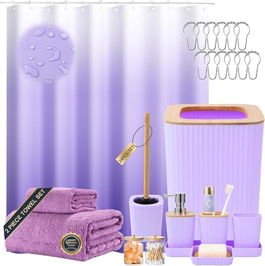 XLHOMO Purple Bathroom Accessories Set, 24PCS Bathroom Accessory Set with Shower Curtain, Bath Towels, Trash Can, Soap Dispenser, Purple Bathroom Accessories for Home