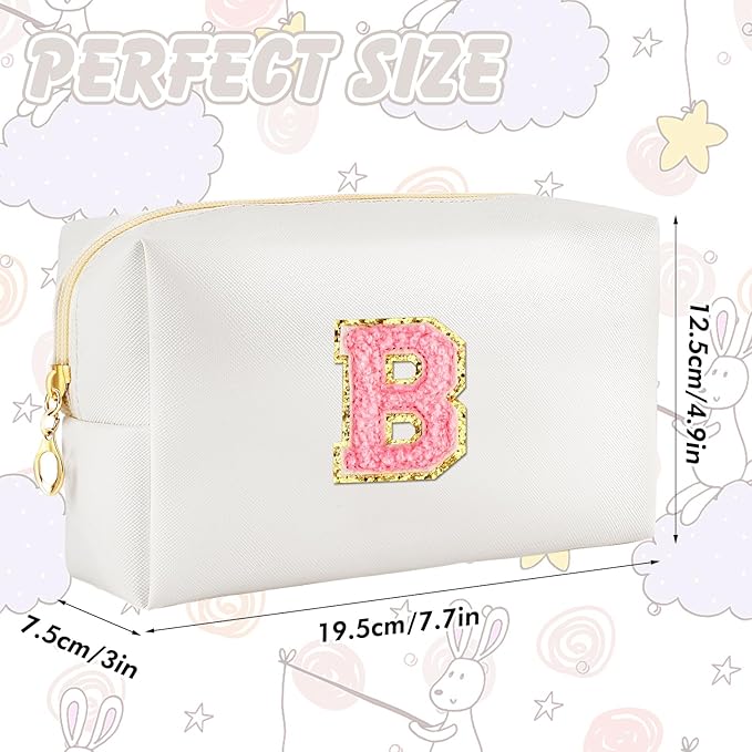 URSKYTOUS Initial Makeup Bag Personalized Preppy Travel Small Cosmetic Bag Cute PU White Chenille Letter Makeup Pouch for Purse Waterproof Zippered Toiletry Organizer for Women Girls Kids Friends (B)