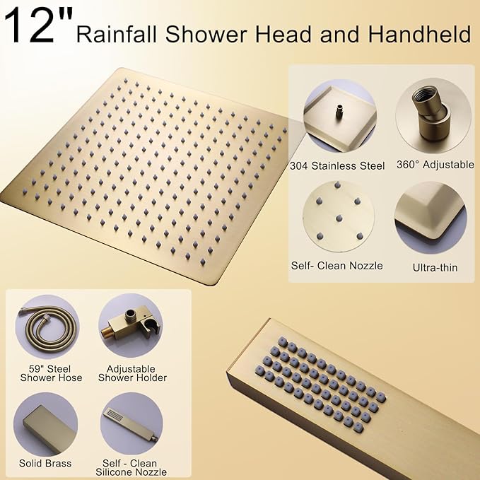 WHSHOWER Digital Display Shower Faucet Set With 12 Inch Rainfall Shower Head,Brass Handheld Sprayer And 6pcs Body Jets,Full Body Shower System (Brushed Gold)