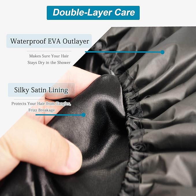 3 Pcs Super Jumbo Adjustable Satin Lined Shower Caps for Long Hair & Braids, Extra Extra Large Shower Cap for Women & Men, XXL Shower Cap with Waterproof Edge for Dreadlocks, Locs (Black)