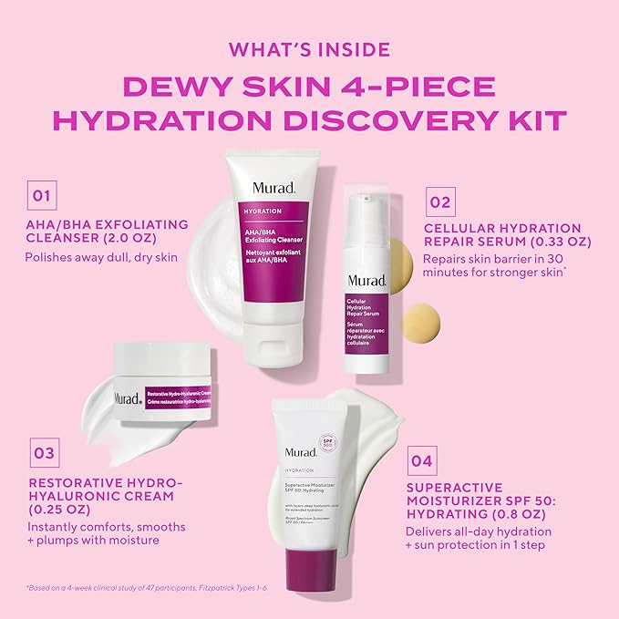 Murad Hydrate Trial Kit – Dewy Skin Set with AHA/BHA Cleanser 2.0oz, Hydration Serum 0.33oz, Hydro-Hyaluronic Cream 0.25oz, Superactive SPF 50 Moisturizer 0.8oz | Travel Skincare for Radiant Skin