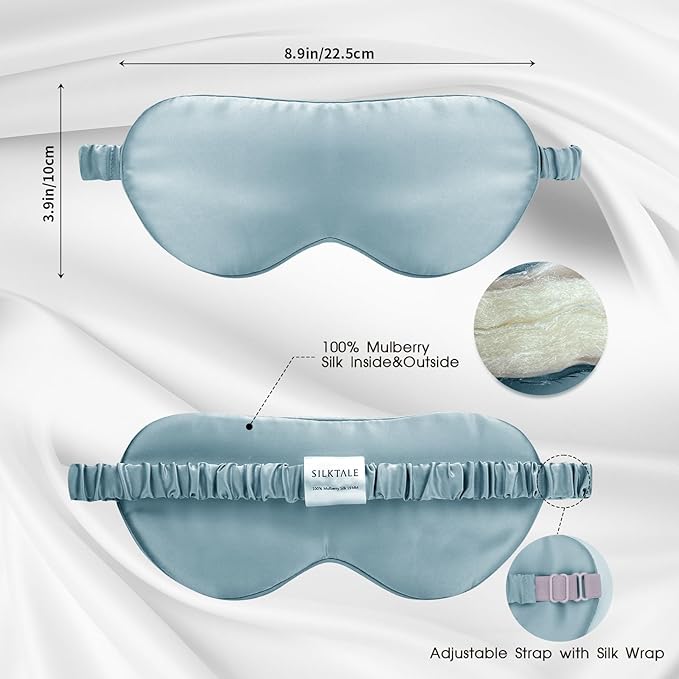 SILKTALE Mulberry Silk Blackout Adjustable Sleep Eye Mask for Men/Women Travel Plane,Pale Blue