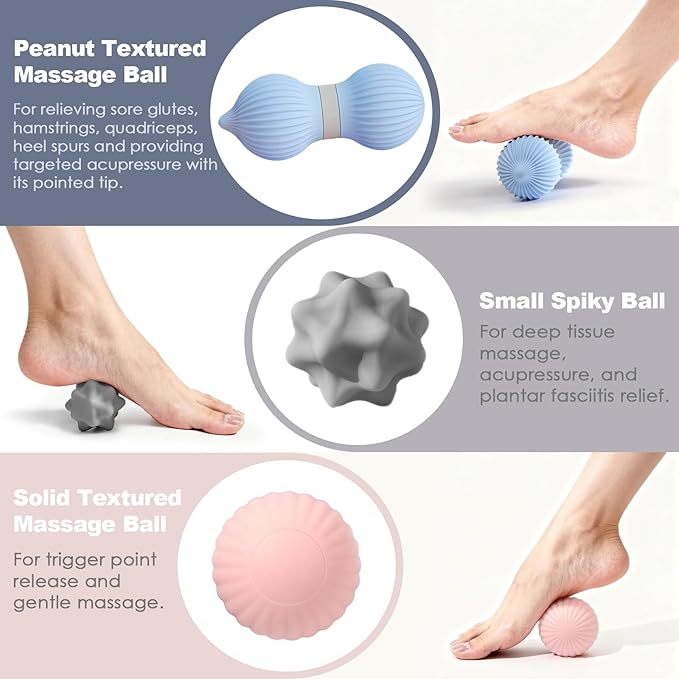 Silicone 3-Piece Massage Ball Set - Peanut, Textured and Spiky Lacrosse Balls to Relieve Tension,Muscle Knots & Plantar Fasciitis with Deep Tissue Release for Foot,Back,Hip,Arm & Legs