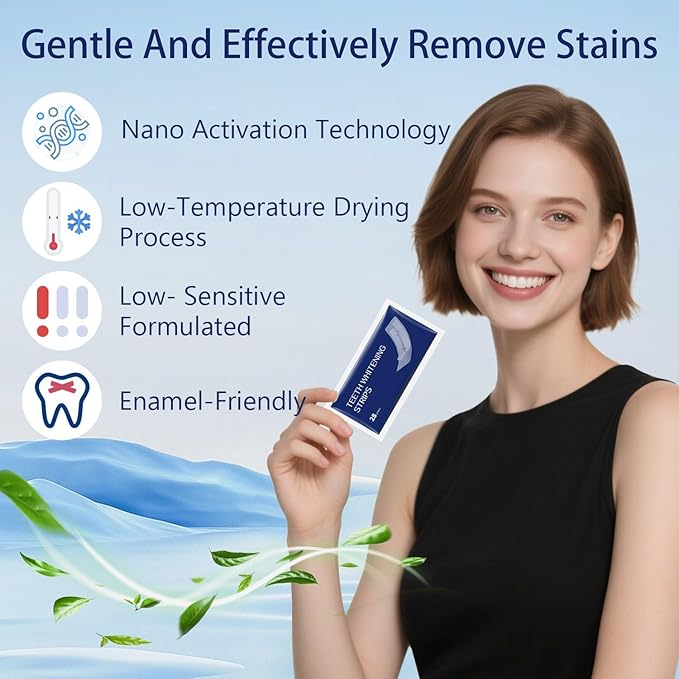 Teeth Whitening Strips 14 Treatments, Gentle Enamel-Friendly Formula for Sensitive Teeth with Non-Slip Dry Tech, for Brighter Smiles After Coffee/Wine, 28 White Strips（Mint）