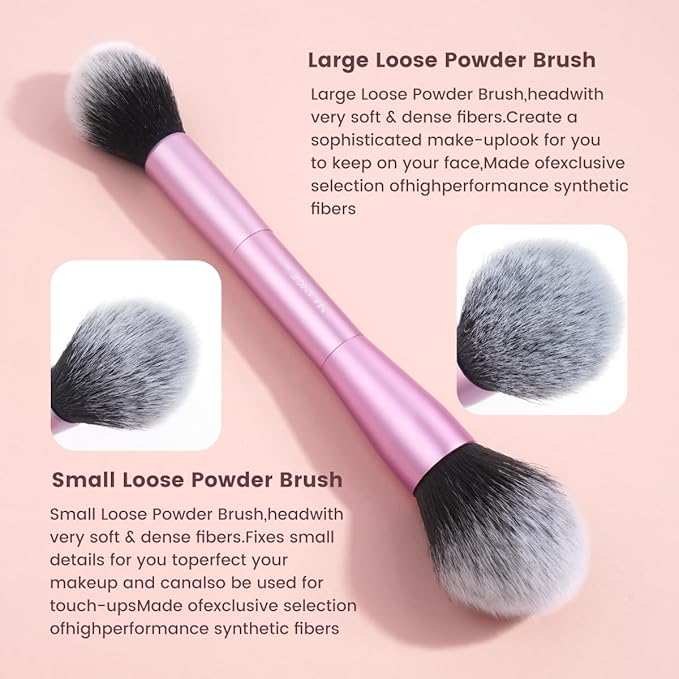 MAANGE 15 PCS Makeup Brushes Double-ended Makeup Brush Set Double Sided Angled/Round Top Brush Foundation Contour Blending Eyebrow Eyeshadow Concealer (Pink)