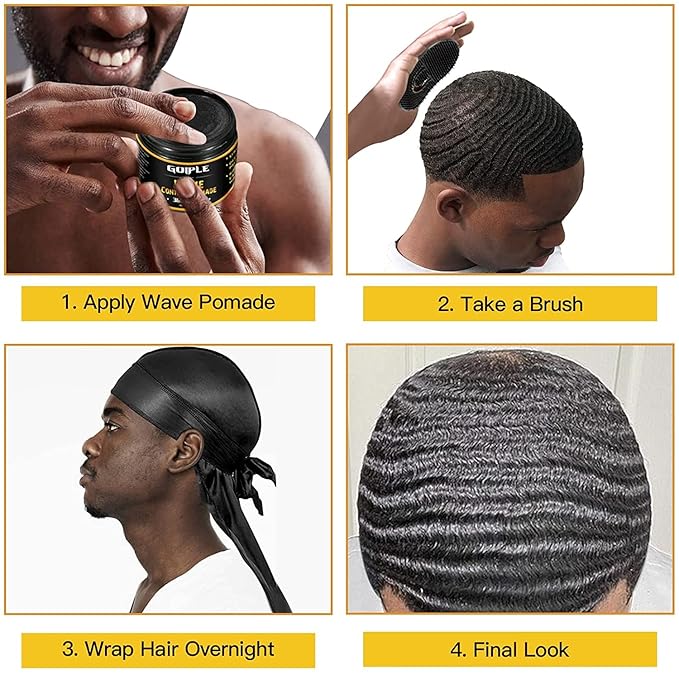 Natural Wave Pomade for Men Strong Hold, Easy Wash 360 Training Hair Cream, Grease Promotes Layered Waves, Moisture, Control and Silky Shine (with Travel Size)