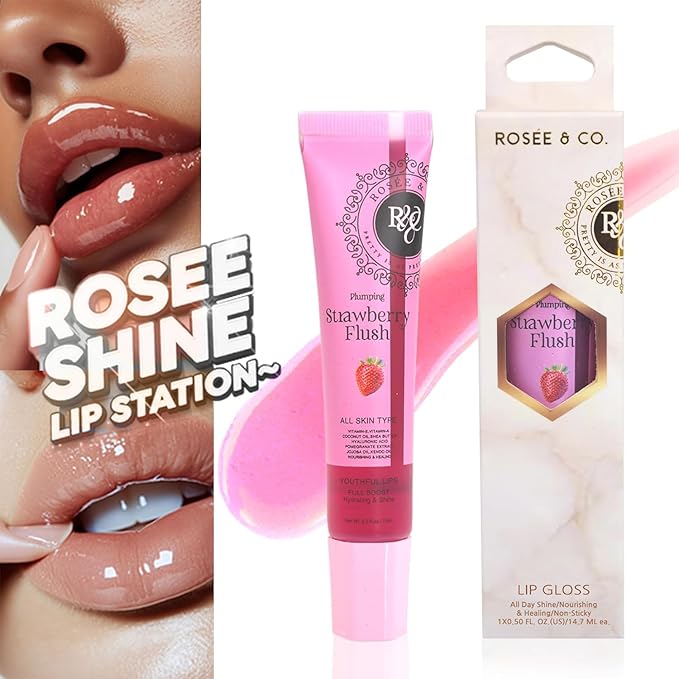 Rosee Lip Gloss Vegan & Cruelty Free Treatment, Professional Make up, Long Lasting Glossy with Shea Butter, Moisturize, Protect & Smooth, High Shine, Non-Sticky (g. Strawberry Flush, 0.5)