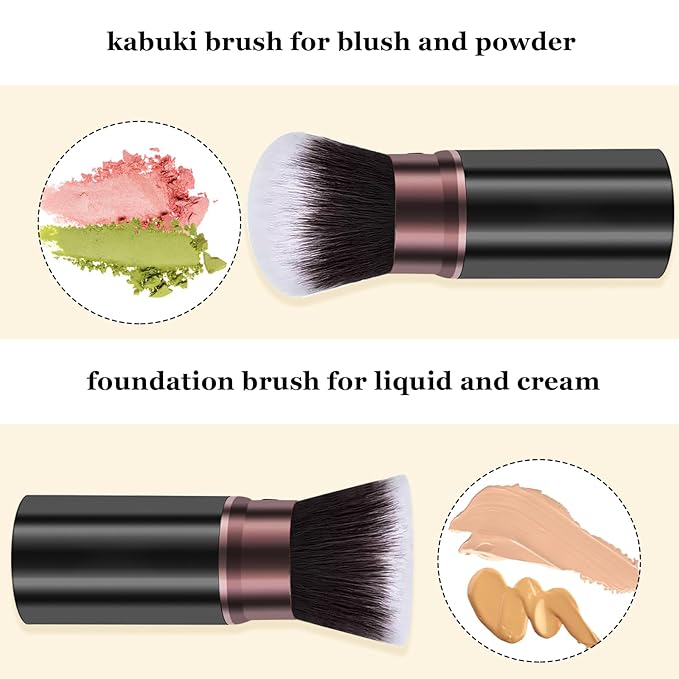 Keriloo Makeup Brushes, Retractable 2 Pack Travel Kabuki Blush Makeup Brush Face Powder Foundation Brushes for Blending Liquid, Blush, Bronzer, Buffing, Sunscreen,Flawless Cosmetics