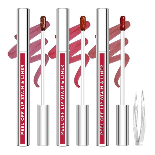 3Pcs Lip Stain Peel Off Set with Tweezer, Peel Off lip Liner Stain Long Lasting Waterproof, Matte Lip Tattoo Tint Transfer Proof, Highly Pigmented Color Lip Makeup(#802+803+806)