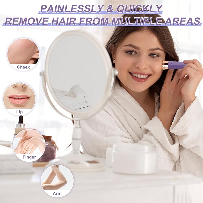 Facial Hair Remover for Women, Painless Rechargeable Hair Removal Device, Comes with 2 Replacement Heads, Portable Electric Shaver/Razors for Face, chin, upper lip, arms and peach fuzz (Silver)
