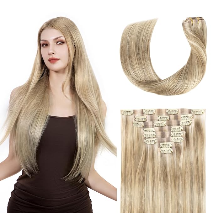 Clip in Hair Extensions Real Human Hair Seamless Clip Ins 100% Remy Hair Extensions PU Weft Golden Blonde Mix Light Blonde Thick&Invisible #P16A/22A 18Inch 120G 8PCS