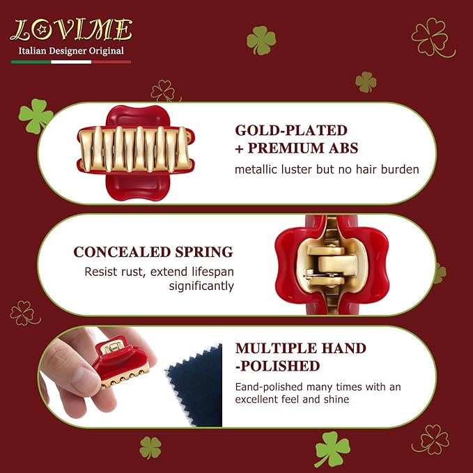 1.2" Mini Claw Clips for Women Girls - Minimalist Double-Layer 18K Gold Painted Hair Clips for Thin Short Hair, Small Non-Slip Luxury Hair Accessories for Daily Face Wash & Makeup, Red