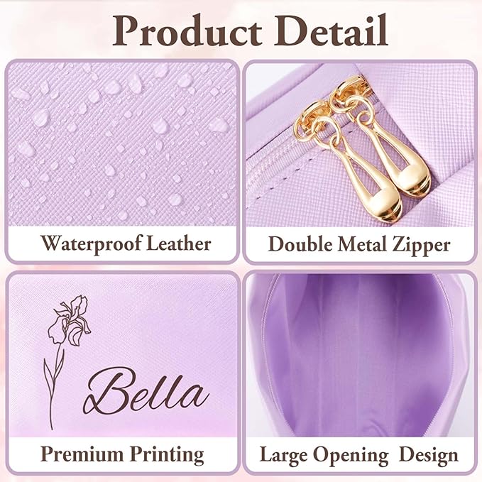 Fincekoom Valentines Day Gifts for Her Teen Girls, Personalized Makeup Bag with Name & Birth Flower, Custom Leather Cosmetic Bags for Women, Customized Travel Toiletry Bag Gifts for Bridesmaid Wedding
