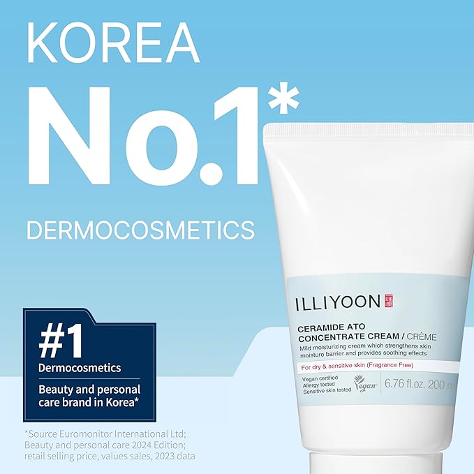 Illiyoon Ceramide Ato Concentrate Cream | Moisturizer for Dry & Sensitive Skin, 100hr Lasting Hydration, For Face & Body, Gentle for Infants, Moisture Barrier Repair, Vegan Certified, 6.76 fl.oz.