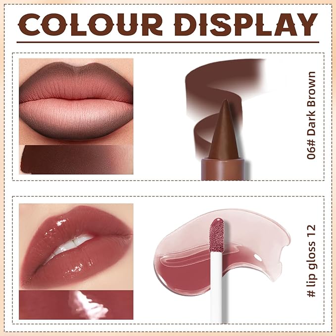 Lip Liner Gloss Set, Dark Brown Plumping Lip Liner Lip Pencil Moisturizing Lightweight Lip Gloss Lip Combo, High Shine Glossy Lip Tint Lip Stain Makeup Long Lasting Lip Contour for Women