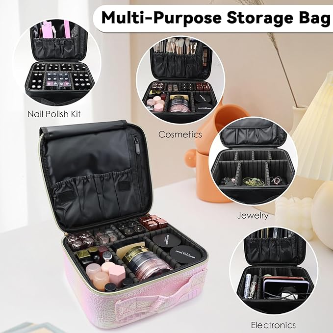 SLUMAZI Travel Makeup Bag Makeup Cosmetic Train Case Organizer Portable Storage Bag with Adjustable Dividers for Cosmetics Makeup Brushes Toiletry Jewelry Colored Crocodile Pattern
