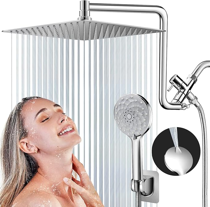 PinWin Shower Head, Upgraded Dual Rain Shower Head with Adjustable Extension Arm, 6-Setting Handheld Combo, Powerful High-Pressure Spray Against Low Pressure Water (12-Inch Showerhead Set, Chrome)