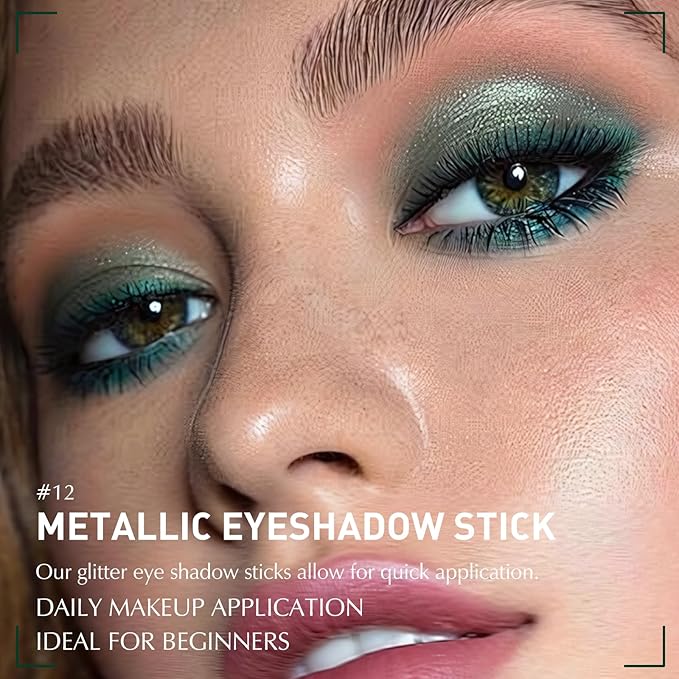 Glitter Eyeshadow Stick Metallic Chrome Finish, Shimmer Cream Eye Shadow Stick Long Lasting Holographic Color Sparkle Multi-Use Eye Brightener Highlighter Makeup Blendable Eyeliner Pencil, 12#
