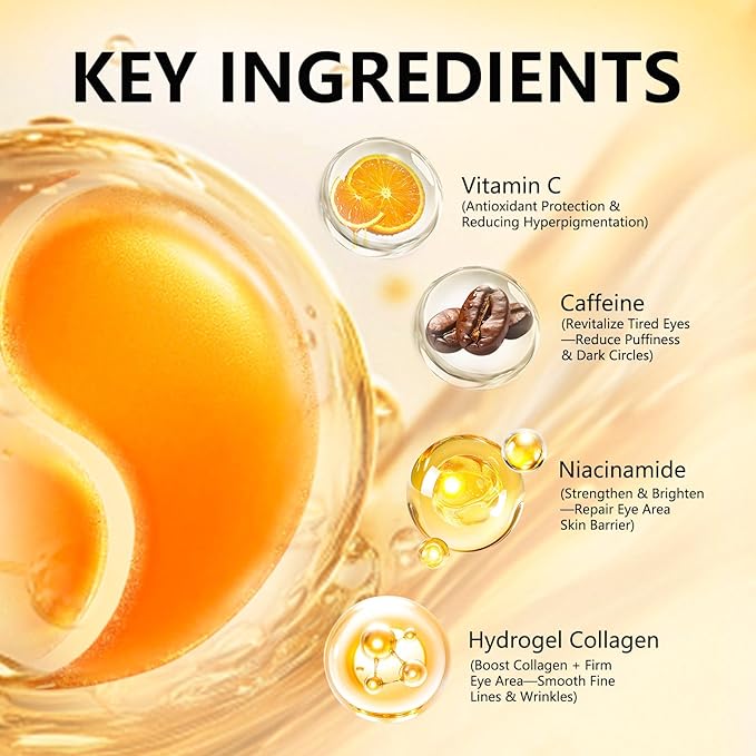 Aeryea Under Eye Patches with Vitamin C & Caffeine 30 Pairs for Dark Circles, Fine Lines and Puffiness, with Niacinamide Hydra-Gel Collagen, Skin Care for Men & Women