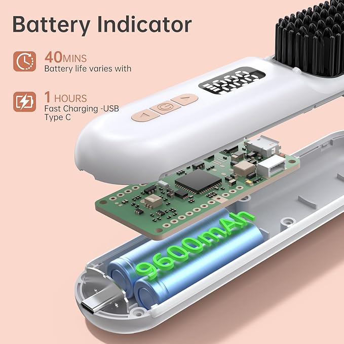 Cordless Hair Straightener Brush, Go Brush Pro, Portable Crystal Diamond Bling Mini Straightening Brush for Travel, Negative Ion Hot Comb with 9 Temps, Anti-Scald Ceramic, Fast Charging for Women