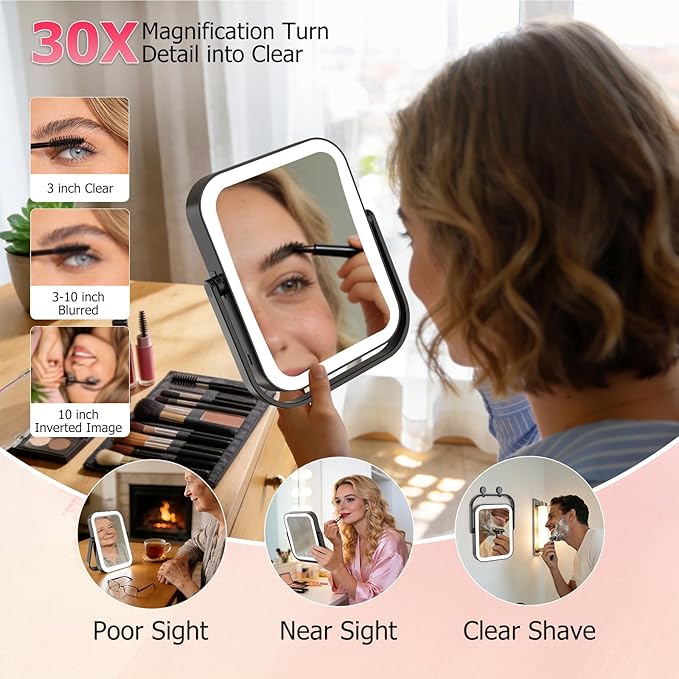 FUNTOUCH 30X/1X Travel Makeup Mirror with Lights, 3000mAh Rechargeable 2-Sided Magnifying Mirror, Portable Vanity Mirror, 3-Color Lighting Dimmable Touch Screen, for Women Gift, Black