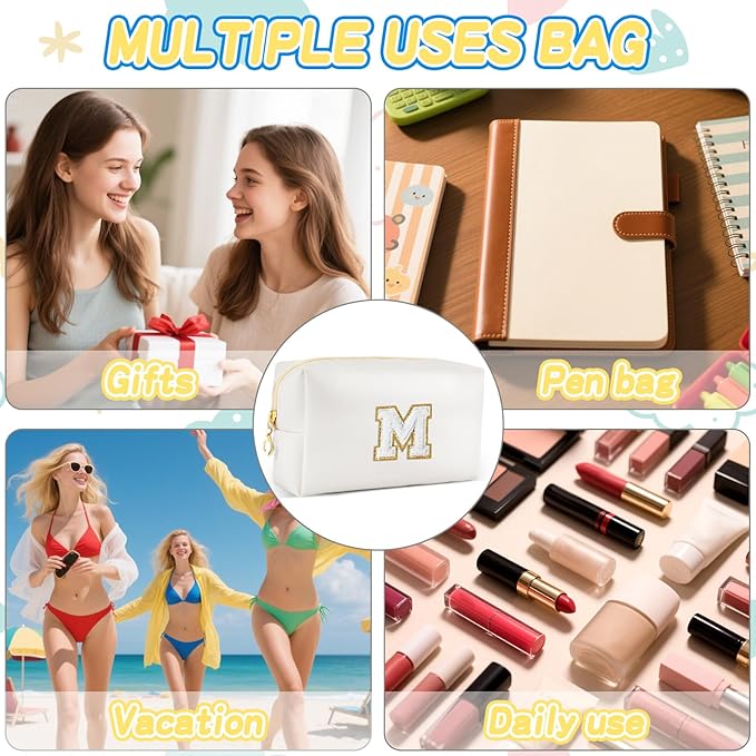 URSKYTOUS Gifts for Girls Initial Makeup Bag Personalized Cosmetic Bag with Zipper Cute Travel Toiletry Bags Waterproof PU Preppy Makeup Pouch Birthday Gift for Teen Girls Women(White M)