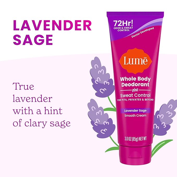 Lume Whole Body Deodorant Plus Sweat Control - Smooth Cream Tube - 72 Hour Odor And Sweat Control - Baking Soda Free, Skin Loving - 3.0 ounce (Pack of 2) (Soft Powder & Lavender Sage)