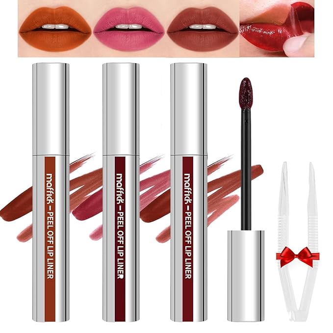3PCS Peel Off Lip Liner Stain Set, Tattoo Lip Liner Peel Off Lip Stain with Tweezer, Long Lasting, Waterproof, Transfer-proof, Highly Pigmented Matte Finish Lip Tint Stain